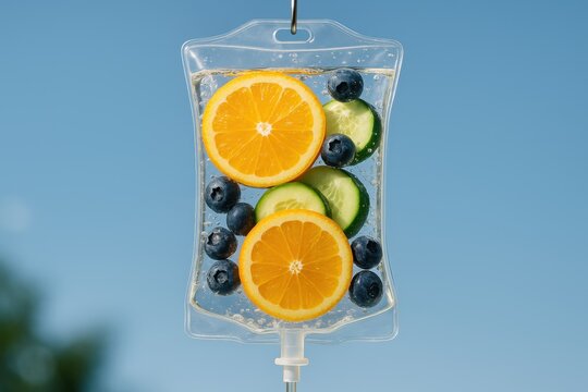 refreshing fruit infusion in an iv bag with slices of orange, cucumber, and blueberries against a clear blue sky for hydration and wellness