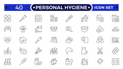 Personal Hygiene Outline Icons set. Contain icons related to Hygiene, clean, sanitary, towel, wash, liquid , and more.