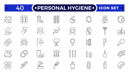 Personal Hygiene Outline Icons set. Contain icons related to Hygiene, clean, sanitary, towel, wash, liquid , and more.