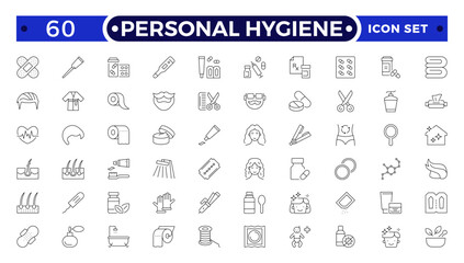 Personal Hygiene Outline Icons set. Contain icons related to Hygiene, clean, sanitary, towel, wash, liquid , and more.