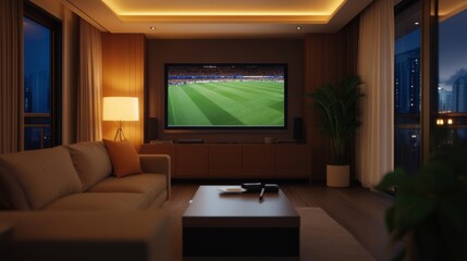 Nighttime football match on ultra-wide TV screen in a luxury living room, dim ambient lighting,