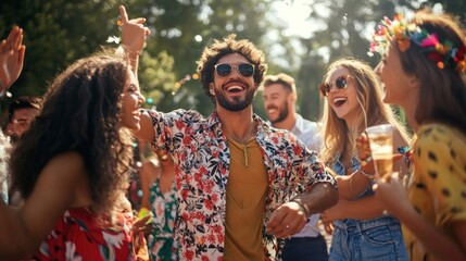 Group of friends dancing and laughing at a festival