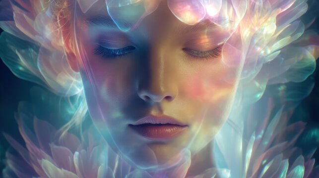 Futuristic floral-cosmic portrait featuring a glowing female face, her expression calm and timeless, soft petal-styled hair and colorful light projections creating a fantasy ambiance