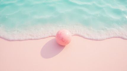 Serene beach scene featuring pink marble ball resting on soft sand, with gentle waves lapping at shore, creating tranquil atmosphere
