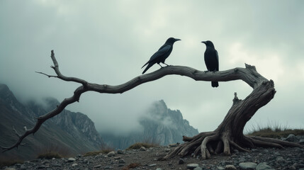 Obraz premium Two ravens perched on weathered branch, surrounded by misty mountains and cloudy sky, create mysterious atmosphere