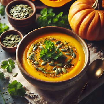 Creamy pumpkin soup served in rustic bowl with fresh herbs and toasted seeds