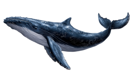 Majestic humpback whale gliding gracefully through the deep blue ocean waters during a sunny day in summer.