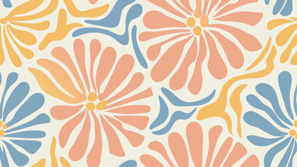 Floral pattern with stylized flowers in peach blue and yellow on a cream colored background design element