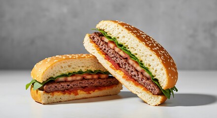 Delicious plant-based burger cut in half with fresh ingredients