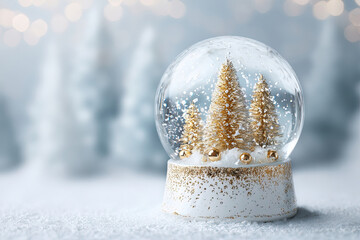 Snow globe with gold christmas trees and ornaments on snowy winter background