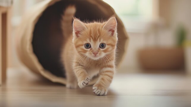 Playful kittens from different breeds tumbling and running through cat tunnels,