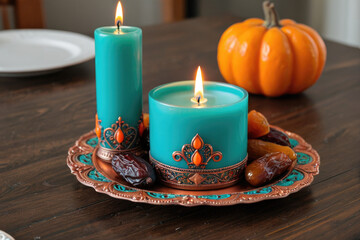 A simple yet elegant setup with two candles and a plate of dates, perfect for a romantic dinner or special occasion