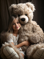 A girl with long hair beams while hugging a fluffy teddy bear, creating a warm, friendly atmosphere in a cozy indoor setting. Generative AI.