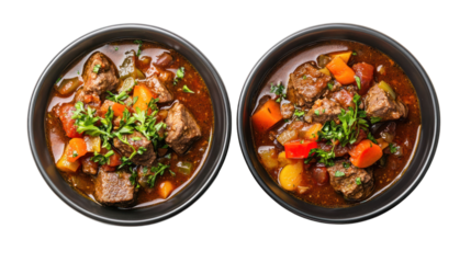 Beef chili stew in two bowls – top view on transparent background