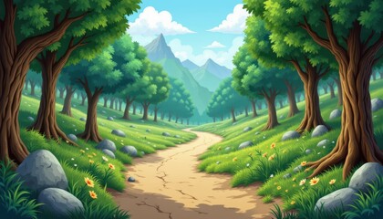 Majestic mountain path through a tranquil forest, journey into nature's embrace