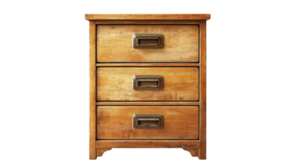 Elegant handcrafted wooden nightstand with three drawers, showcasing timeless design and rustic charm perfect for any cozy bedroom setting at dusk.