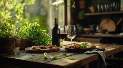 rustic wood table set for dinner with wine glasses and appetizers