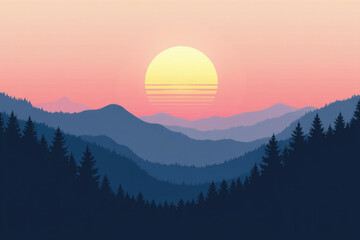 Sunset over mountains with hills and valleys