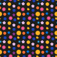 Groovy retro shapes seamless pattern. Abstract pop art style funky geometric hippie elements. Pattern design for prints, decor, textile. Trendy modern vector illustration on black background