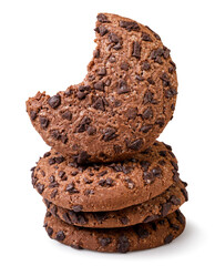 Chocolate cookies and a bitten piece on a white background. Isolated