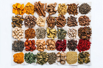 Various Traditional Chinese Herbal Medicine Ingredients Displayed as Background Concept