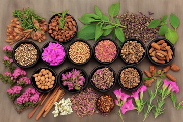 Various Traditional Chinese Herbal Medicine Ingredients Displayed as Background Concept