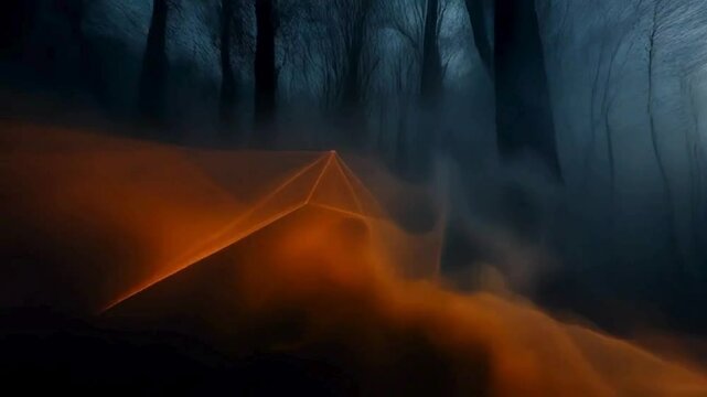 Amber polygons entwine with charcoal smoke tendrils in a moonlit forest, evoking a mysterious low-key Halloween abstract environment