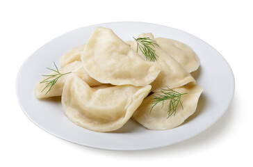 Boiled dumplings with dill leaves in a plate on a white background. Isolated