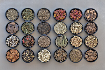 Various Traditional Chinese Herbal Medicine Ingredients Displayed as Background Concept