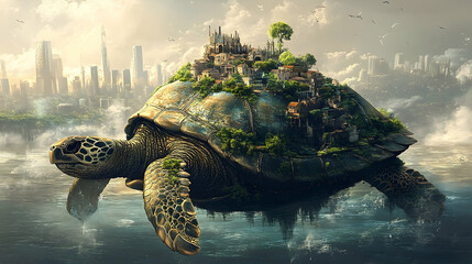 A large turtle carrying a miniature city afloat on water.