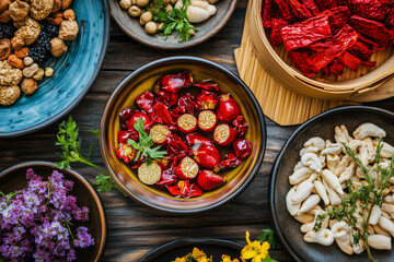 Various Traditional Chinese Herbal Medicine Ingredients Displayed as Background Concept