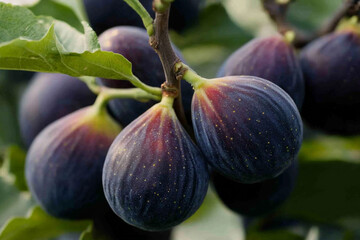 Ripe figs hanging from a fig tree in the late summer afternoon