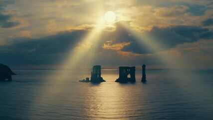 A crescent moon turns clock sea golden beams in rhythmic wave temporal distortion glimpses of past future reflection. Ancient ruins rise sink shallows. Magical time-lapse feel, fantasy surreal overlay - Powered by Adobe