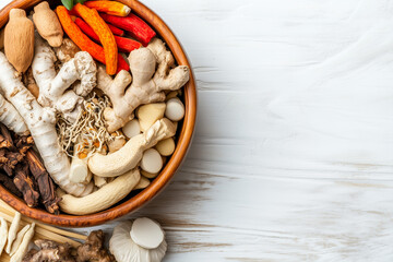 Various Traditional Chinese Herbal Medicine Ingredients Displayed as Background Concept