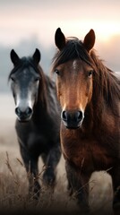 Naklejka premium Horses standing in a misty field at sunrise, showcasing their elegant features and serene demeanor