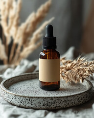 Amber Dropper Bottle on Ceramic Plate with Dried Decorative Grass