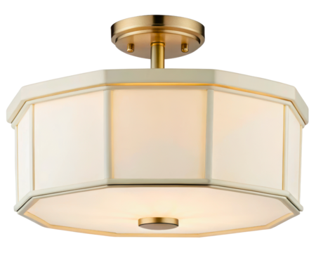 Elegant hexagonal ceiling light fixture with a brass base on a transparent background