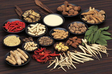 Various Traditional Chinese Herbal Medicine Ingredients Displayed as Background Concept