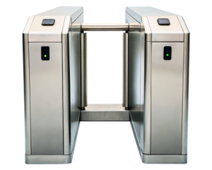 Modern stainless steel security turnstile for access control on a transparent background