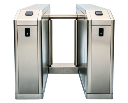 Modern stainless steel security turnstile for access control on a transparent background