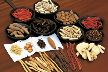 Various Traditional Chinese Herbal Medicine Ingredients Displayed as Background Concept