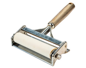 Vintage style roller tool with a wooden handle and white cylinder on a transparent background