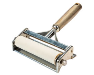Vintage style roller tool with a wooden handle and white cylinder on a transparent background