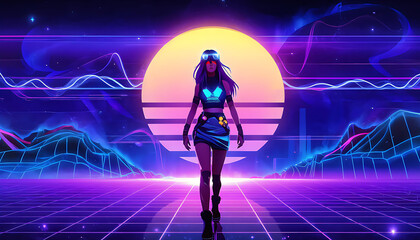 abstract synthwave background with girl silhouette