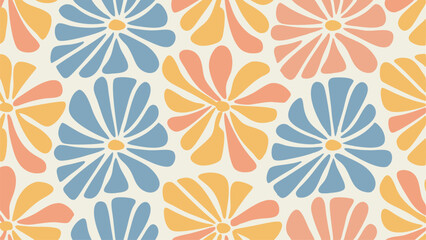 Seamless repeating pattern of stylized flowers in blue yellow and peach on a cream colored background