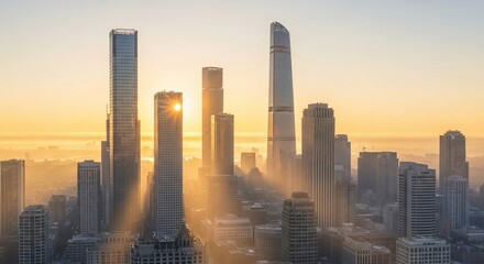 Fototapeta premium Golden Hour Cityscape: Sunburst Through Skyscrapers in a Misty Urban Landscape