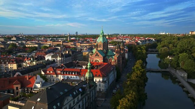 Aerial view of St. Lukas Church, the largest Protestant church in Munich