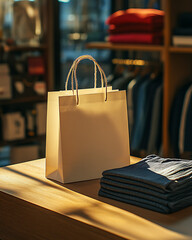 Elegant Shopping Bag on a Wooden Counter in a Boutique Setting