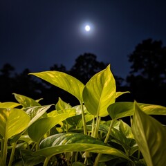 Glowing Green Foliage in Dark Night Sky