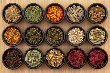 Various Traditional Chinese Herbal Medicine Ingredients Displayed as Background Concept
